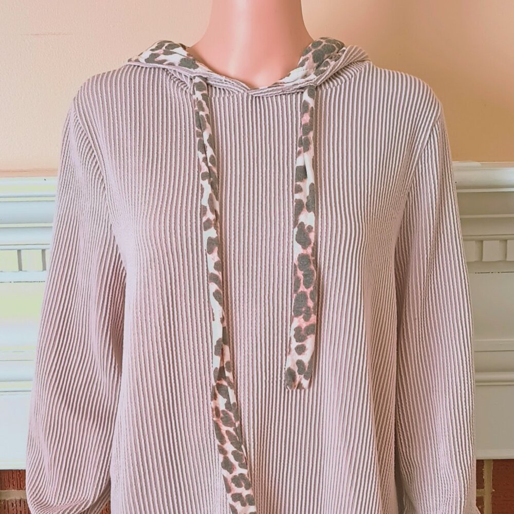 Women's Ribbed Pullover Hoodie 1XL Long Sleeve Leopard Print Trim Stretch Top